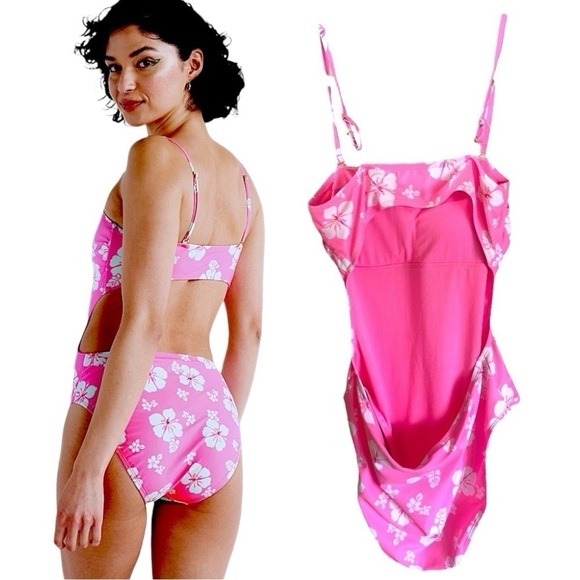 Pink Hibiscus Cut-Out One Piece Swimsuit Juniors Size Large 11-12 Never Worn - Picture 6 of 10
